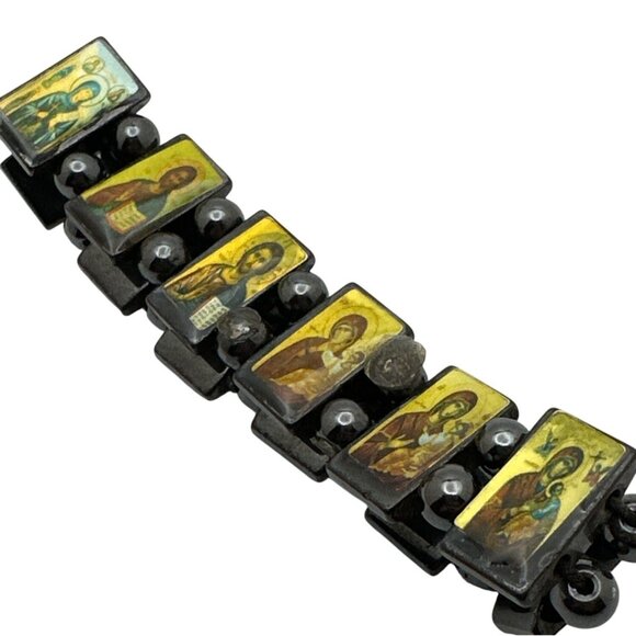 Hematite Iconic Saints Bracelet Prayer Religious Spiritual Stretch Devotional - Picture 3 of 7